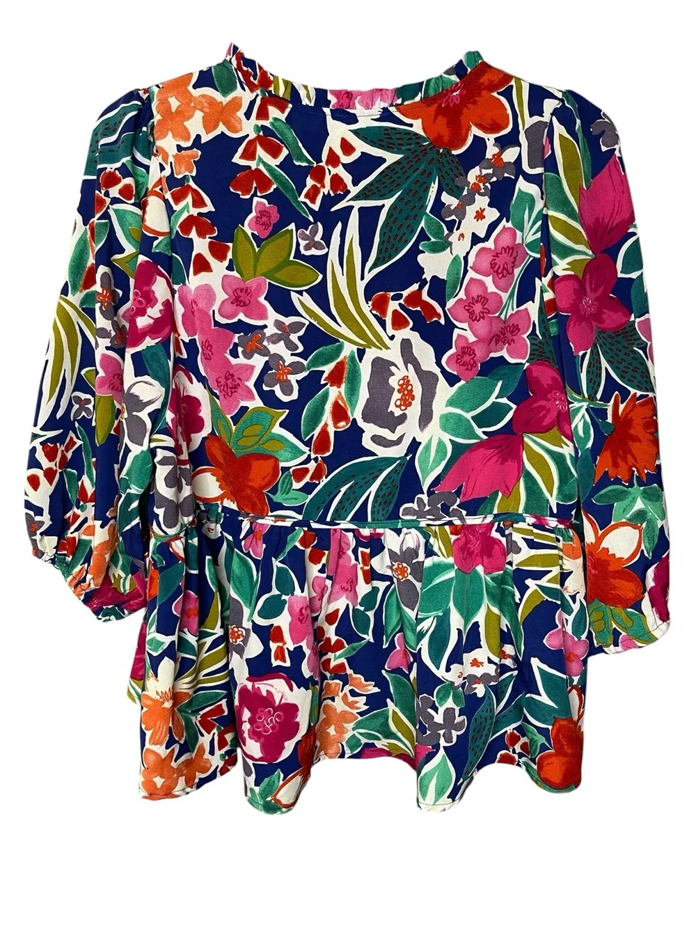 Umgee Navy Multicolor Floral Tie-Neck Peasant Blouse Sz L - Picture 2 of 4